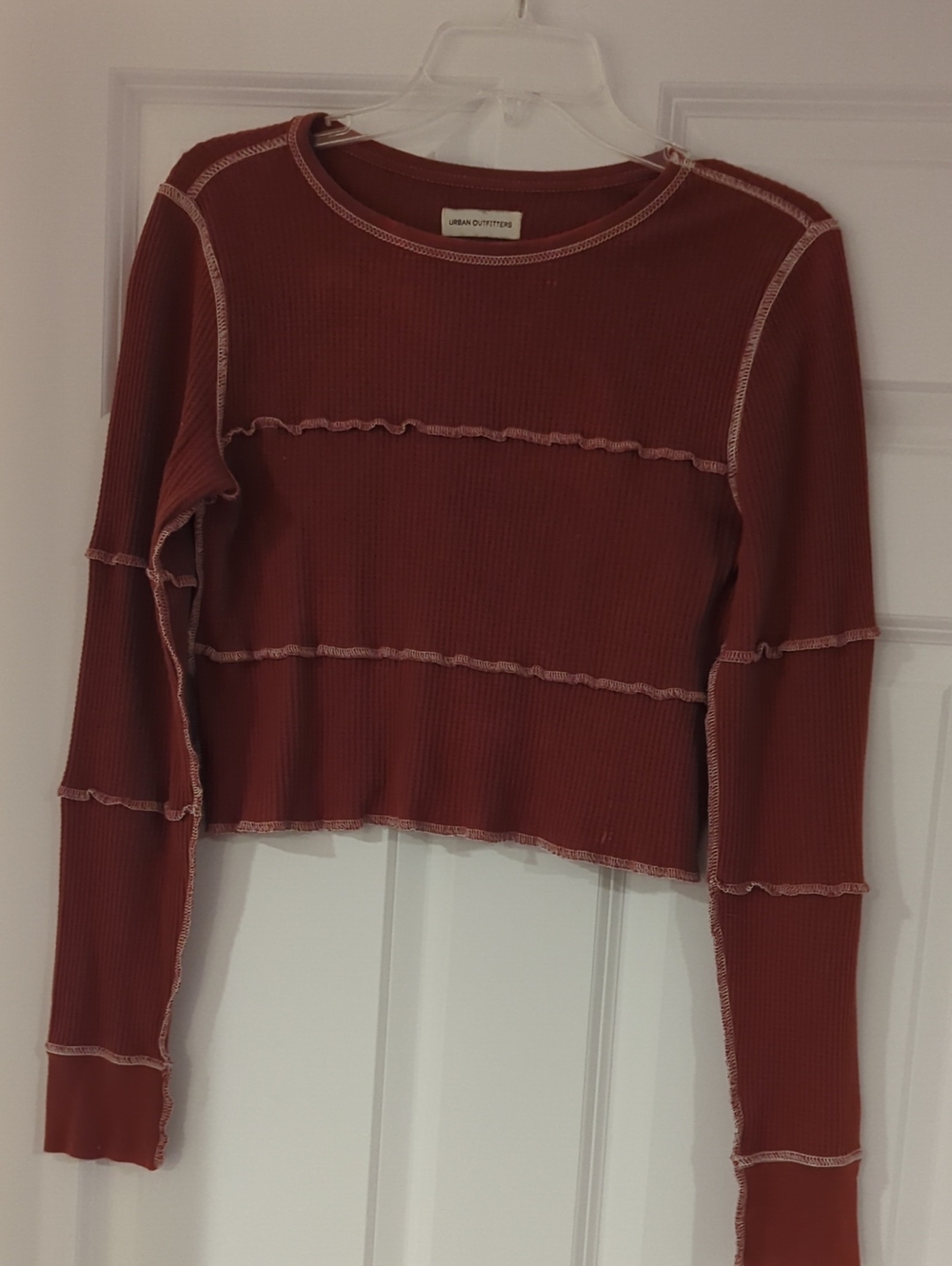 Urban Outfitters Brick Rust Ribbed Lettuce-Edge Long Sleeve Crop